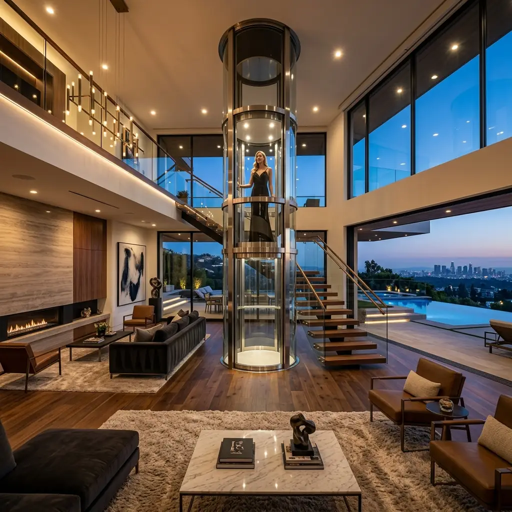 Wide-angle view of a luxury living room featuring a modern glass pneumatic Nibav home elevator