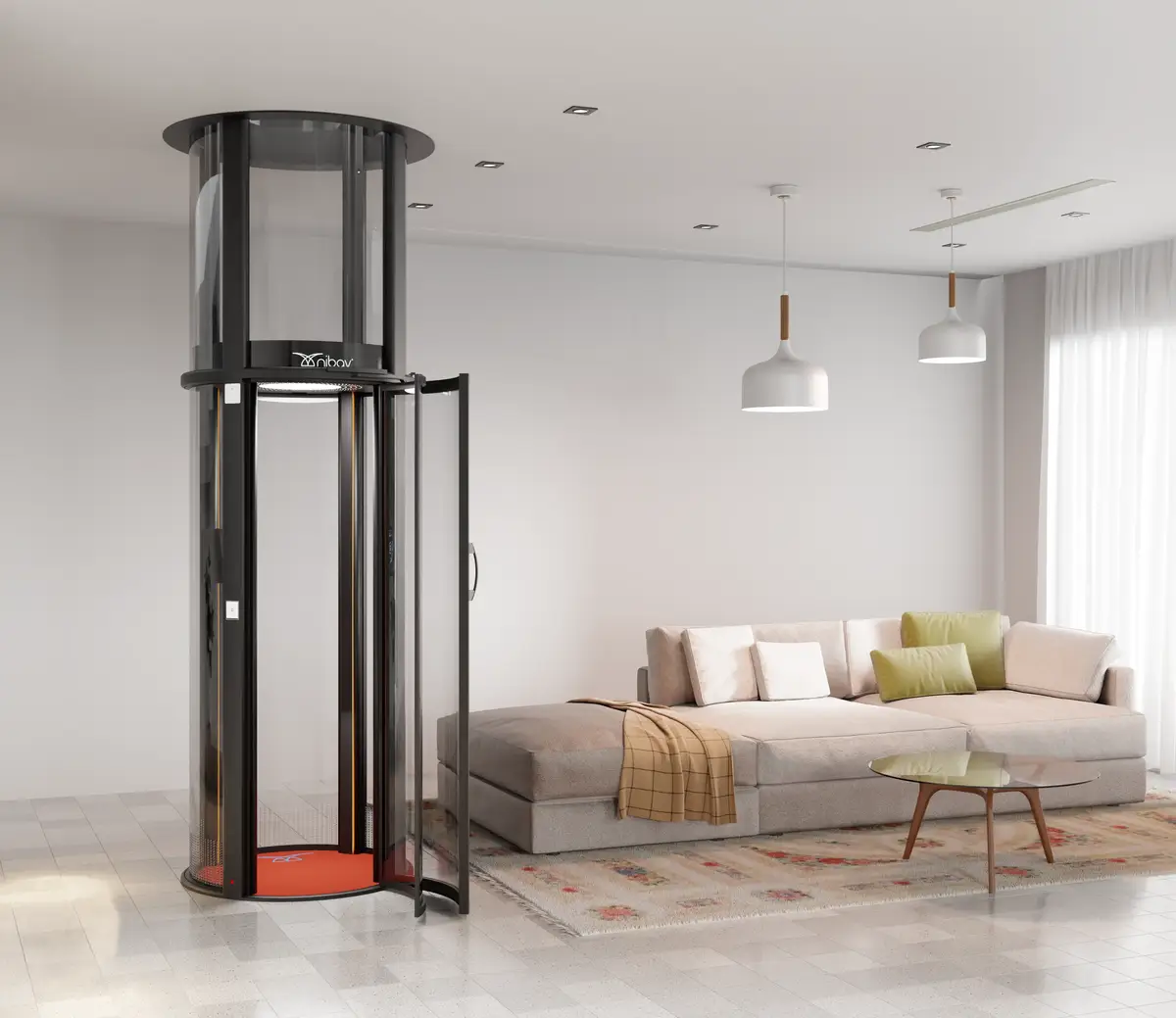 Luxury residential glass home elevator inside a modern living room interior